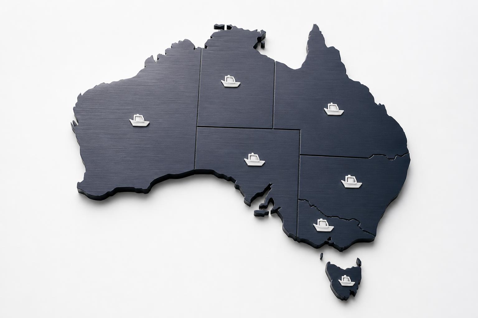 Brushed navy map of Australia with a registration marker on each state