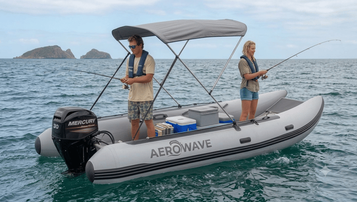Aerowave Viper 430 inflatable catamaran on open water showing 1.2 mm VALMEX tubes and open deck