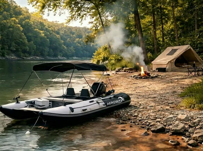 An Aerowave Viper inflatable catamaran with an Adventure Air Tent set up on its bow, beached on a secluded Australian sandbar at sunrise.