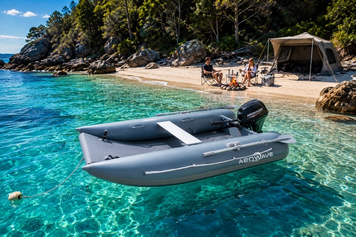 Aerowave AeroCat inflatable catamaran moored in clear turquoise water off an Australian beach