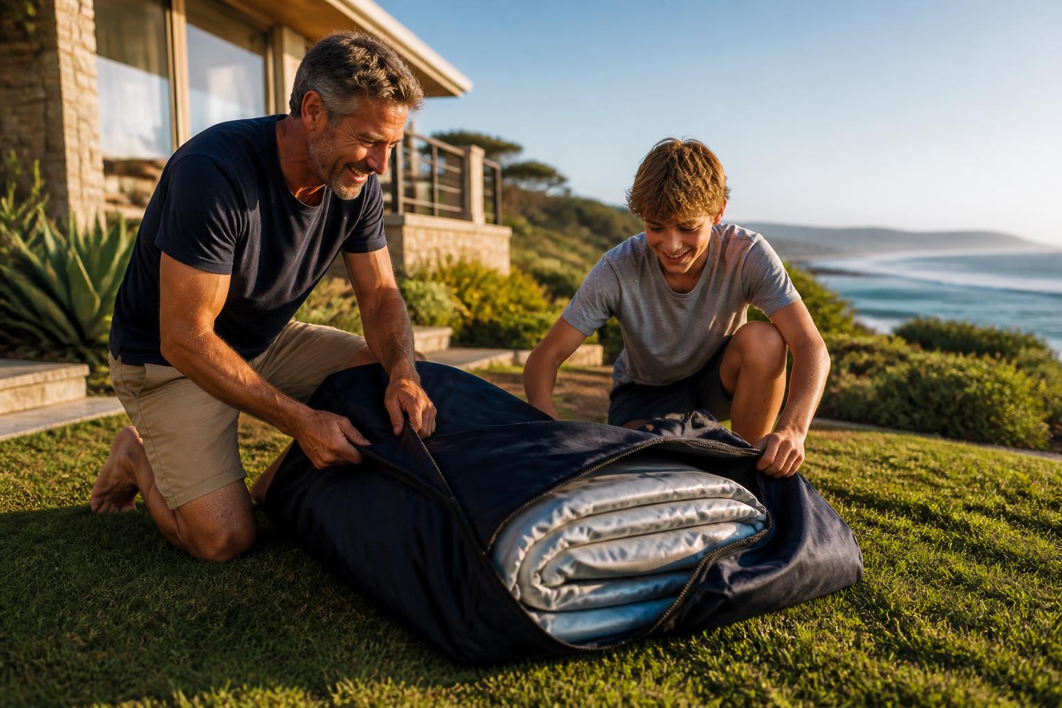 Father and teenage son unzipping a packed Aerowave catamaran on a coastal lawn