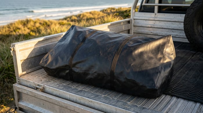 Aerowave inflatable boat packed in its carry bag loaded for transport