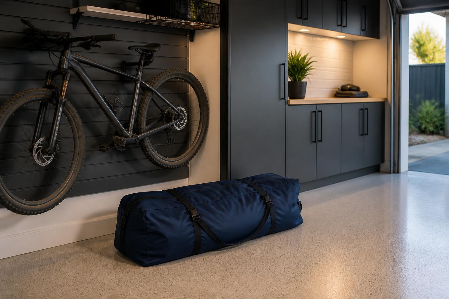 Packed Aerowave carry bag stored in a tidy modern Australian garage beside a wall-mounted mountain bike