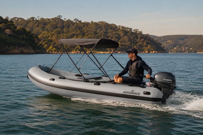 An Aerowave inflatable catamaran financed through an Australian boat loan, anchored in a calm turquoise bay.