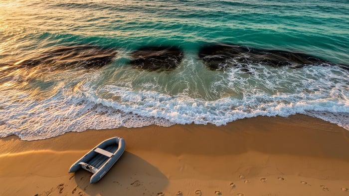 Aerial view of an Australian beach with turquoise water, rip channels and sandbars visible, inflatable catamaran on the sand