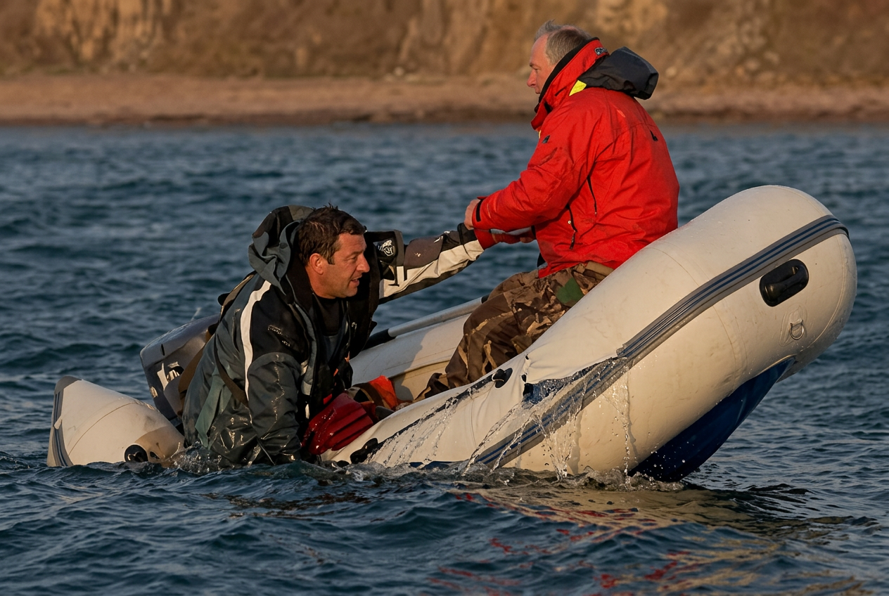 Inflatable boat sinking on the water after a seam failure