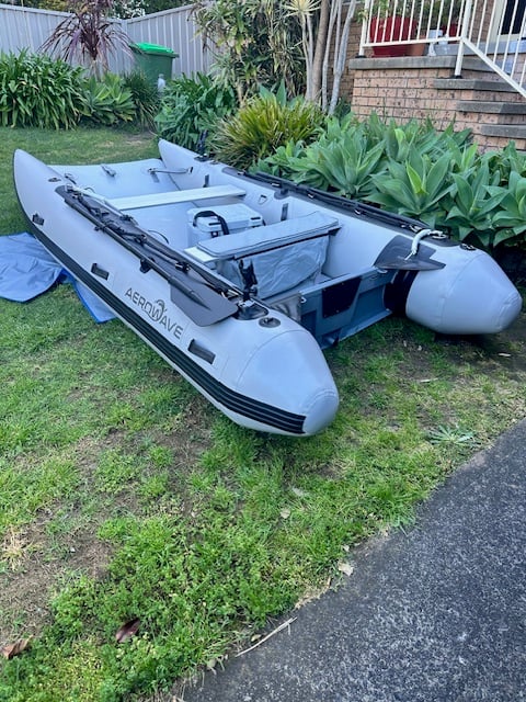 Fitted out AeroCat 330 inflatable catamaran rigged for estuary fishing in Australia