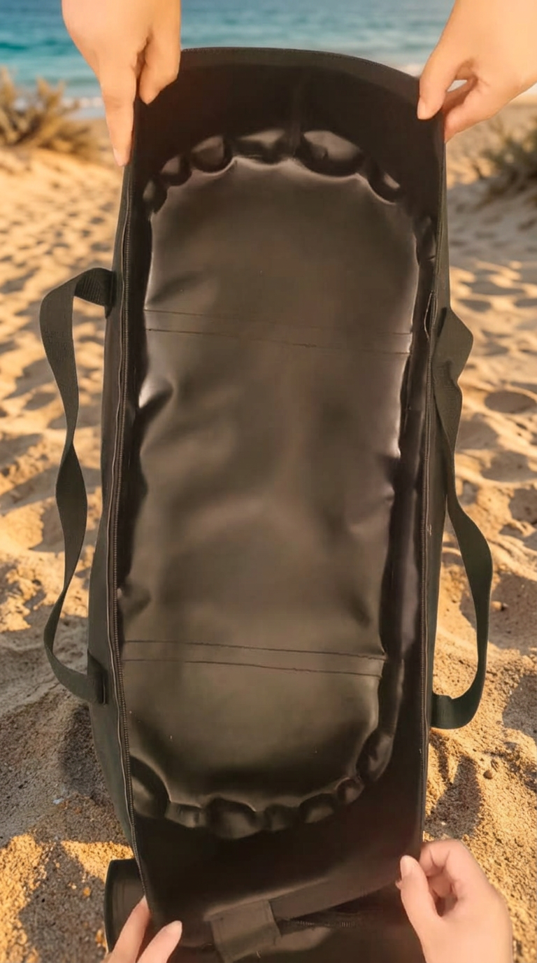 Open Aerowave bag showing heavy-duty YKK zipper and ripstop PVC lining
