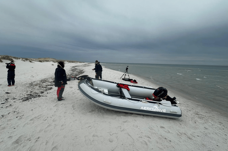 Aerowave Sprint 350 RIB on beach — stern angle