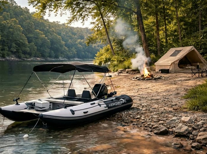 Aerowave Viper 400 inflatable catamaran loaded on an Australian beach, compared against a fibreglass runabout
