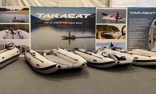Takacat inflatable catamaran on display at a boat show