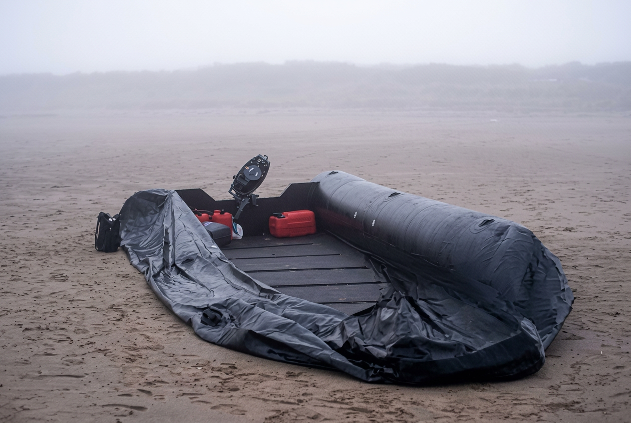 Inflatable boat collapsed flat on a beach after losing air