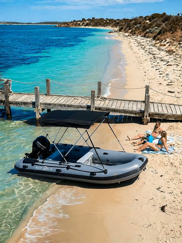 Aerowave Viper 365 beached on the shoreline — equally at home on lake and river