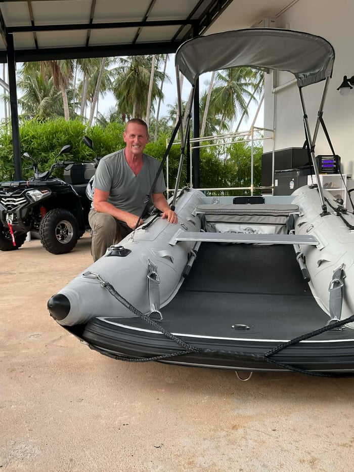 Aerowave Viper 330 inflatable catamaran on the water with its owner in Australia