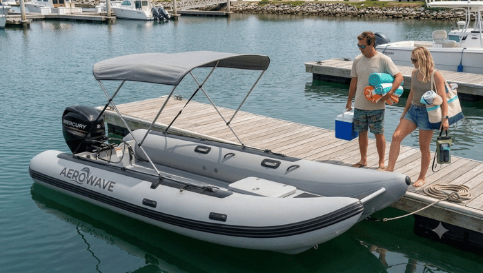 The Aerowave Viper 400 inflatable catamaran on a calm Australian waterway.