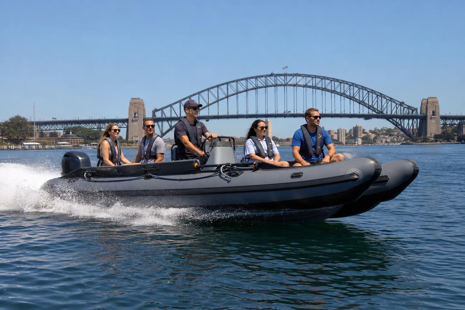Aerowave inflatable catamaran with four passengers cruising past the Sydney Harbour Bridge