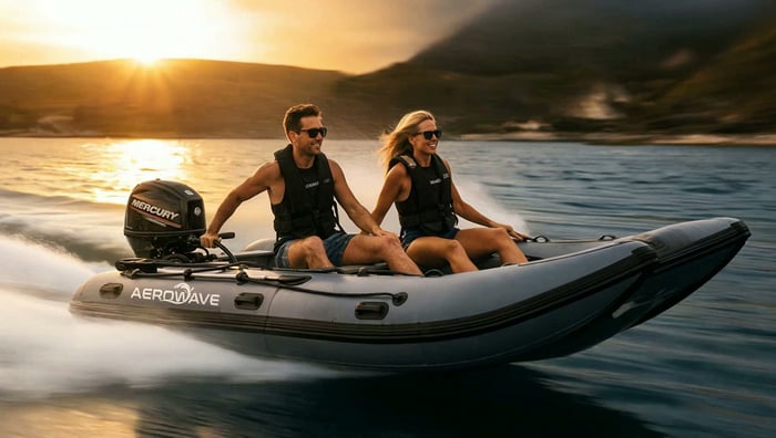 Aerowave Viper 400 Open Bow inflatable catamaran rigged with outboard motor on an Australian beach launch — fully registered and HIN-stamped