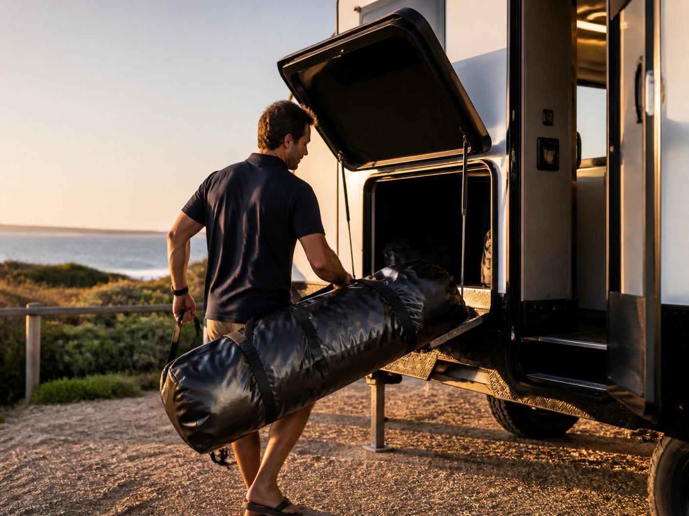 Man carrying the Aerowave heavy-duty boat carry bag with a packed inflatable boat inside and loading it into a caravan storage locker at a coastal campsite