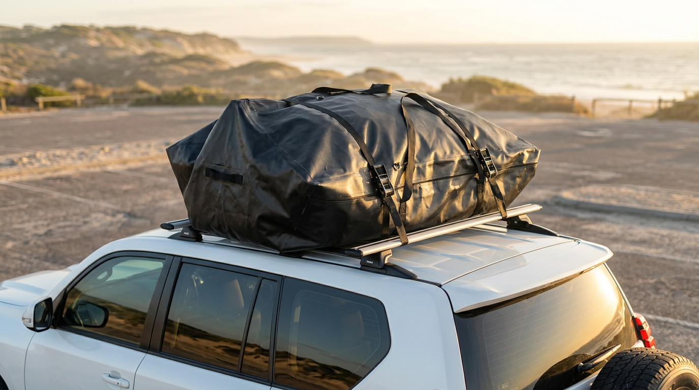 Aerowave Heavy-Duty Kit Bag strapped to the roof racks of a 4WD at a coastal car park