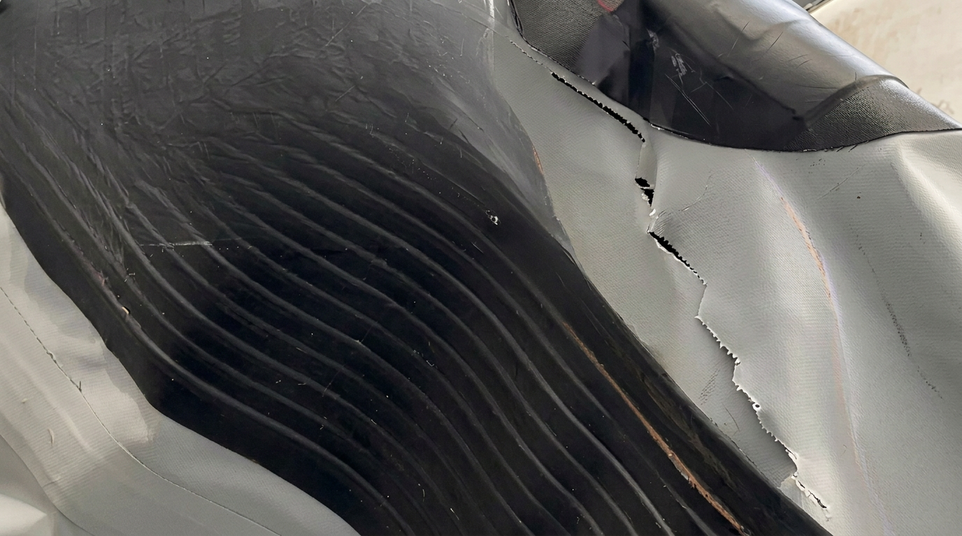 Long tear down the side of an inflatable boat hull