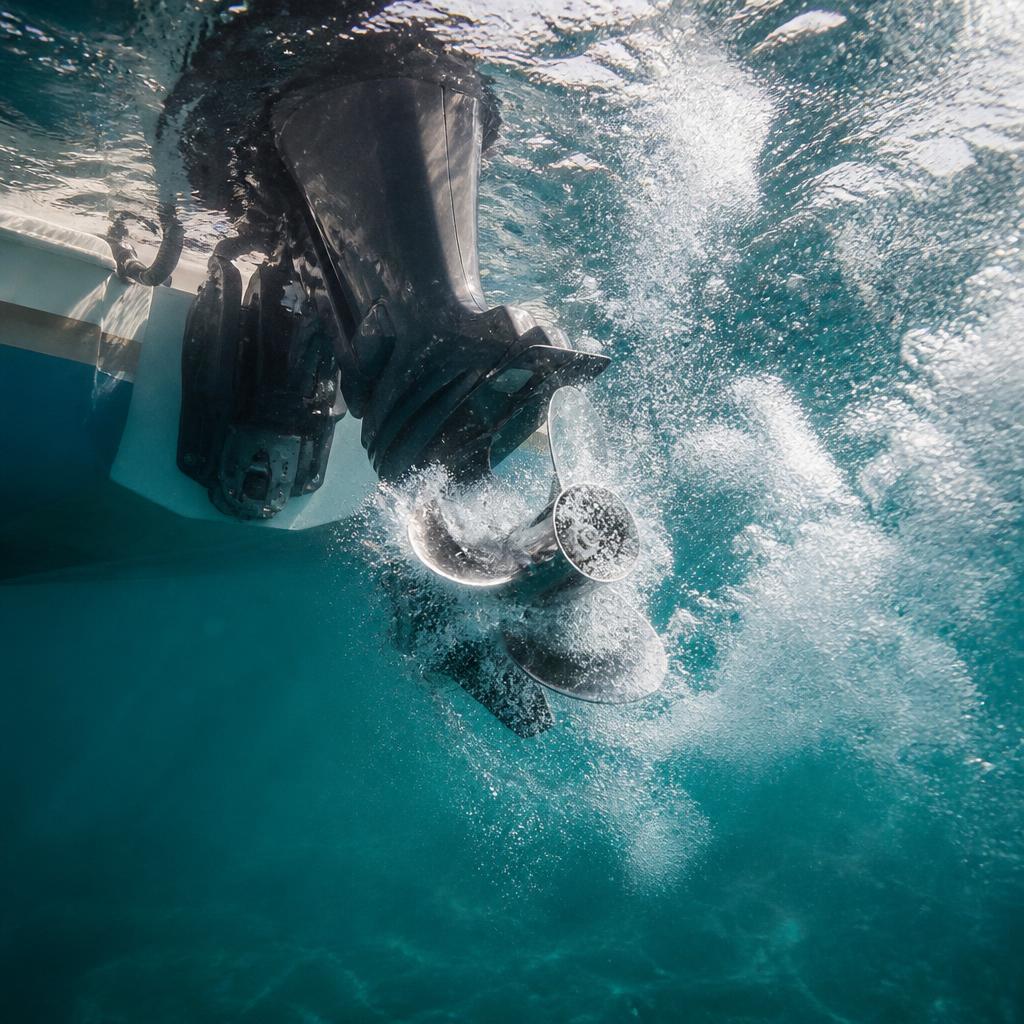 Outboard propeller ventilating in a cloud of bubbles underwater