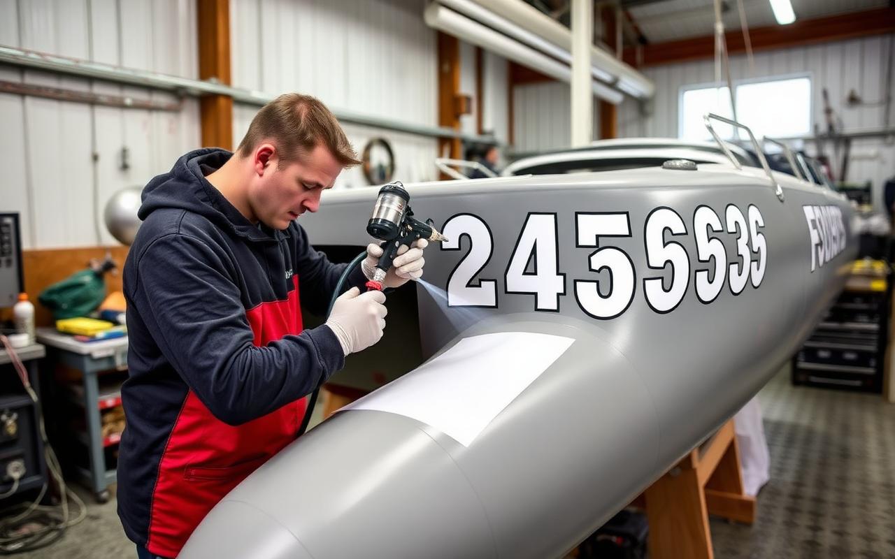 Professional sign writer spraying registration numbers onto a grey inflatable hull using a stencil