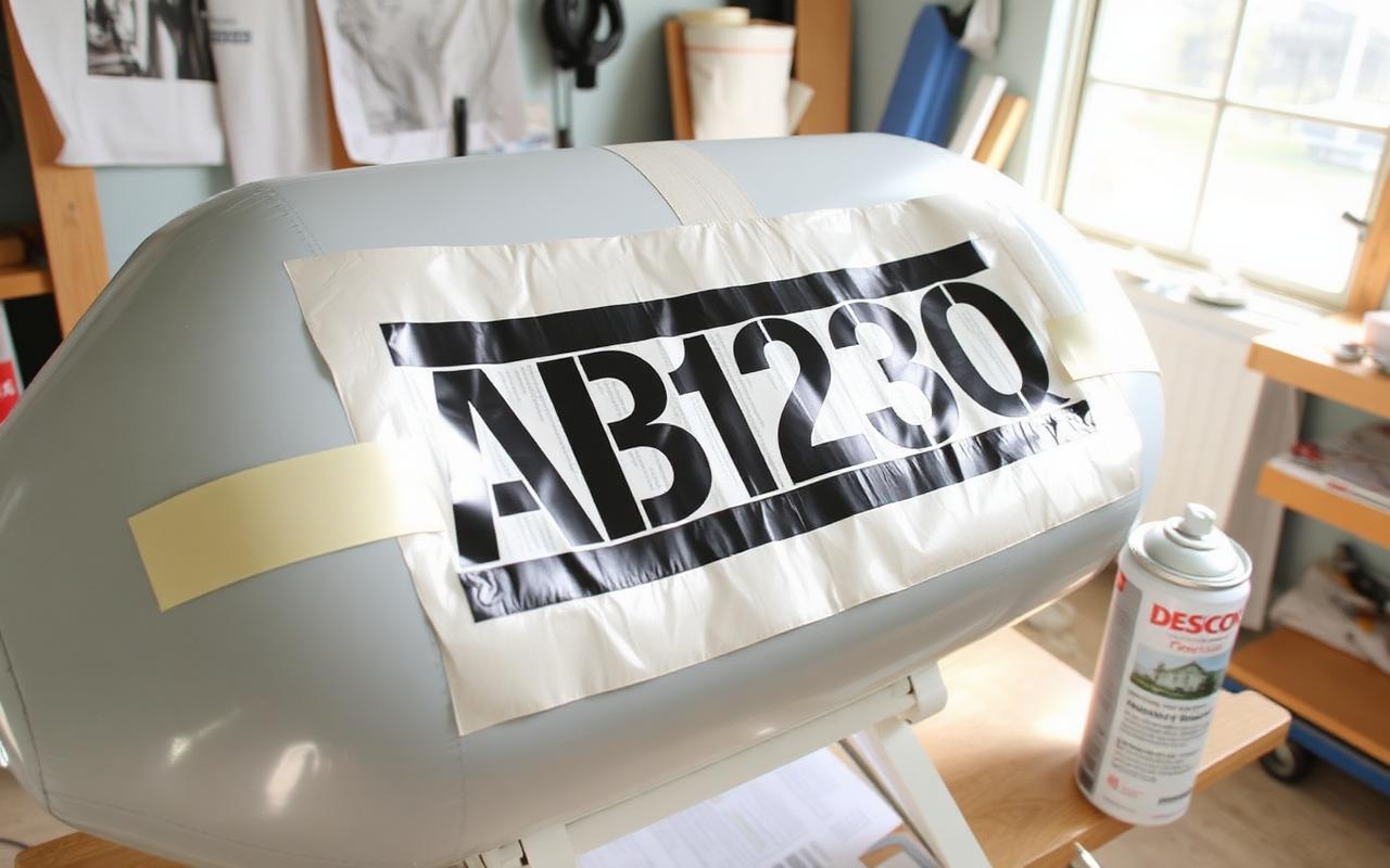 Adhesive stencil and newspaper masking taped to a grey inflatable boat tube ready for PVC spray paint