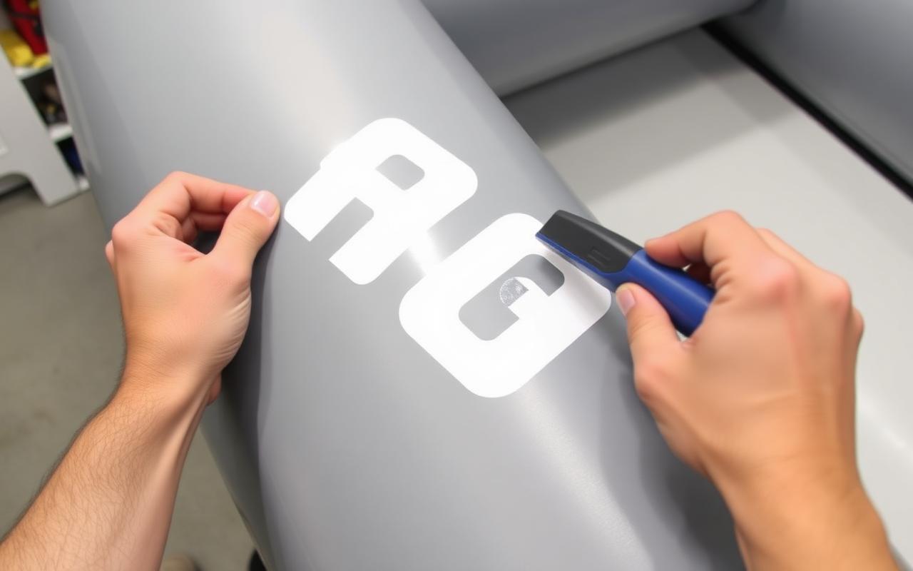 Hands applying white vinyl registration decals to a grey inflatable boat tube with a squeegee
