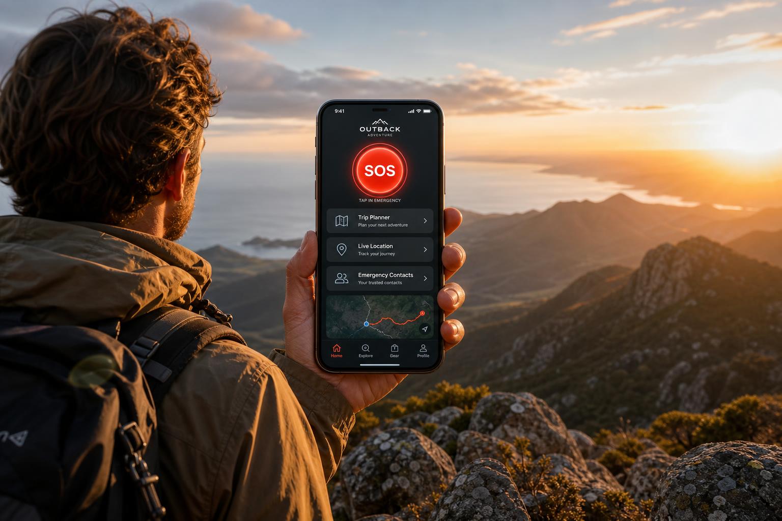 Adventurer on a mountain ridge holding a phone with the WavePath app showing SOS, trip planner, live location and emergency contacts