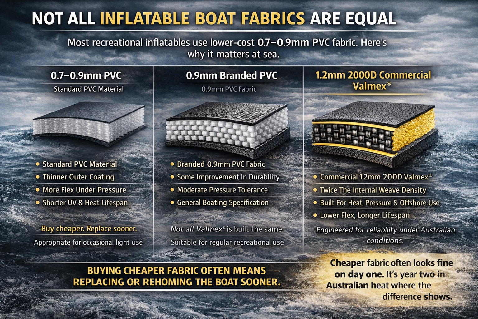 Inflatable boat fabric comparison: 0.7–0.9mm PVC vs 0.9mm Valmex vs 1.2mm 2000D Valmex