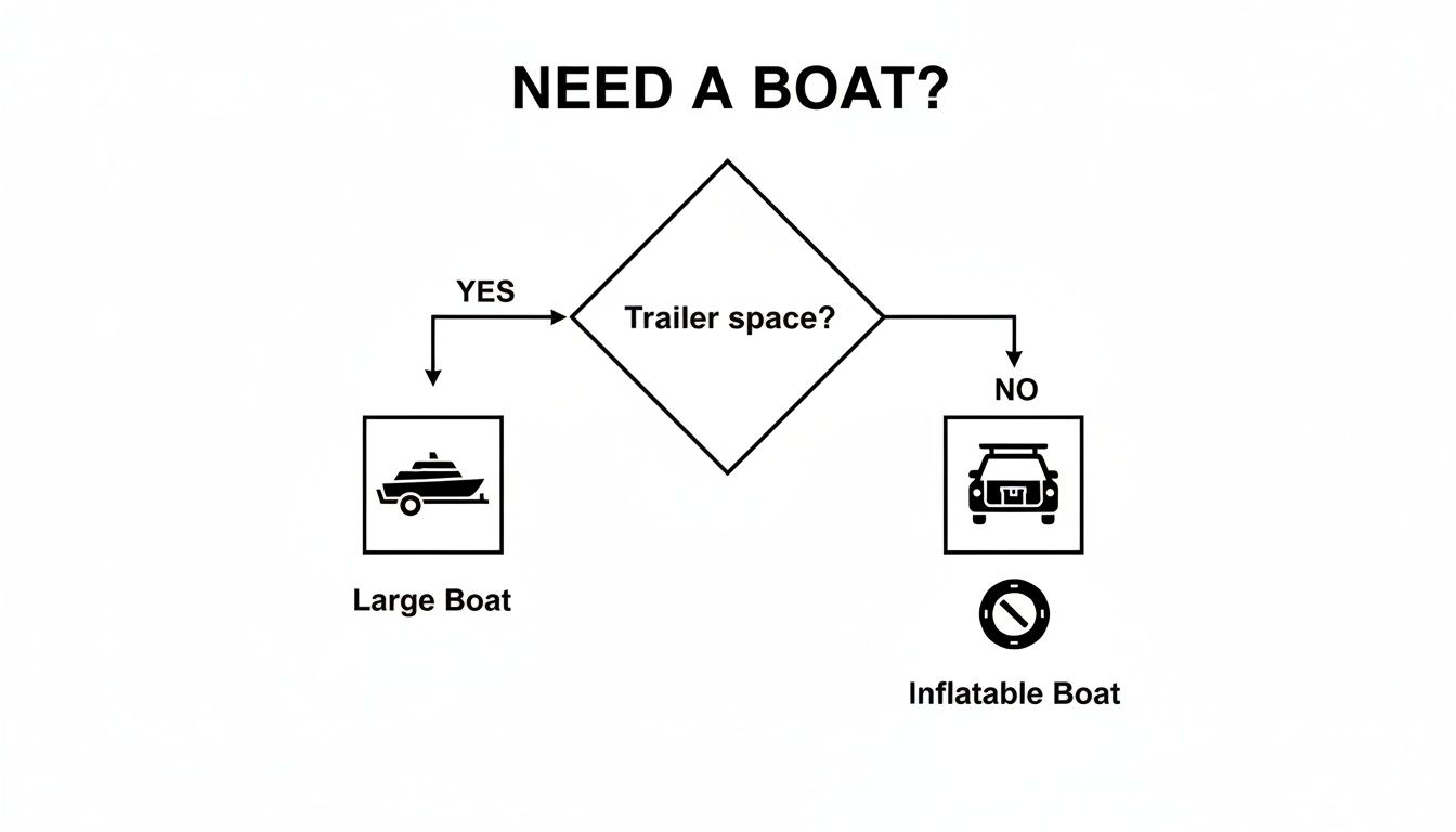 A flowchart titled 'NEED A BOAT?' guides the user to choose between a large boat (with trailer space) or an inflatable boat (no trailer space).
