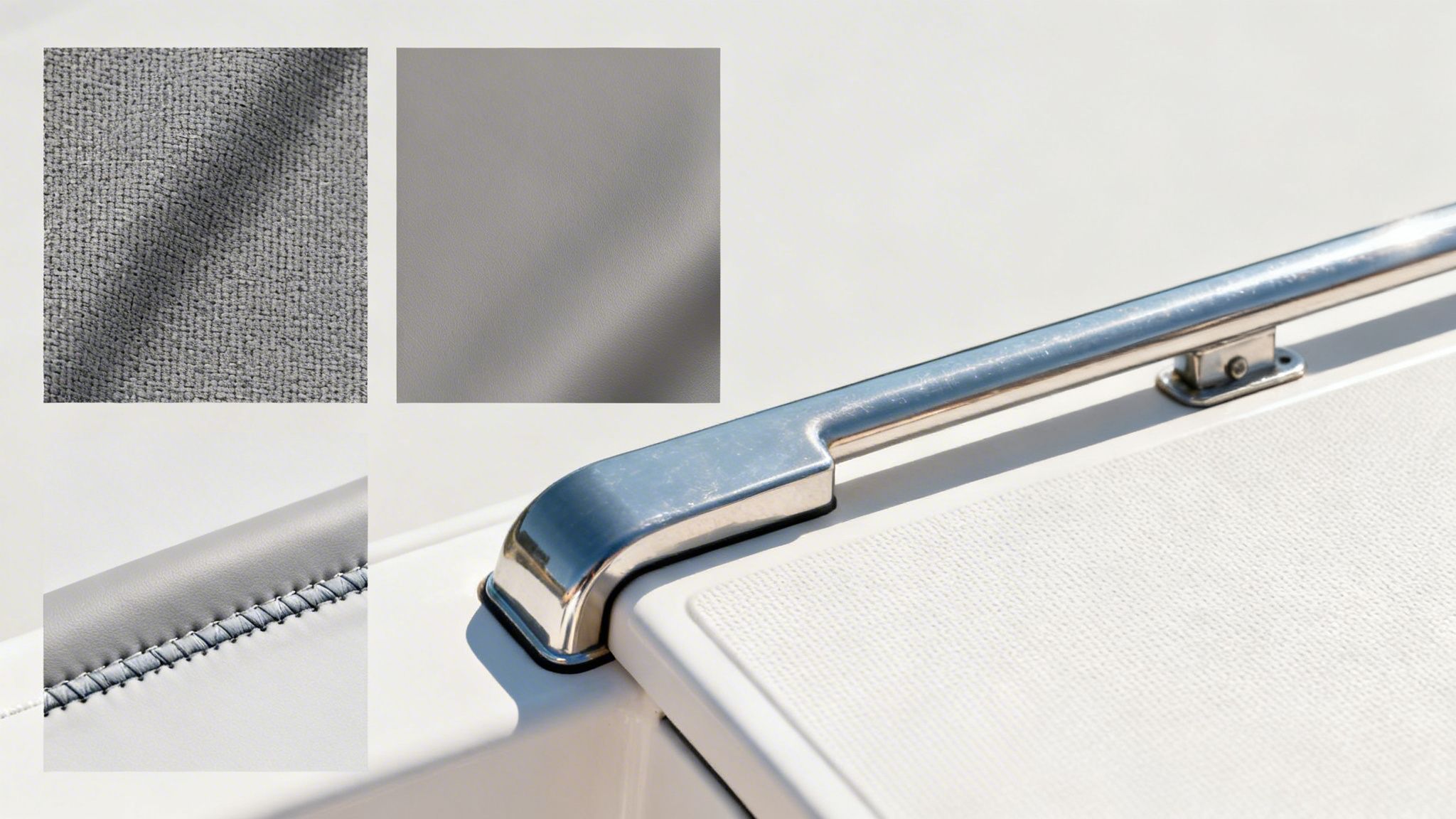 Close-up of various textures including grey fabric, grey faux leather, detailed stitching, and a boat deck with a metal grab rail.