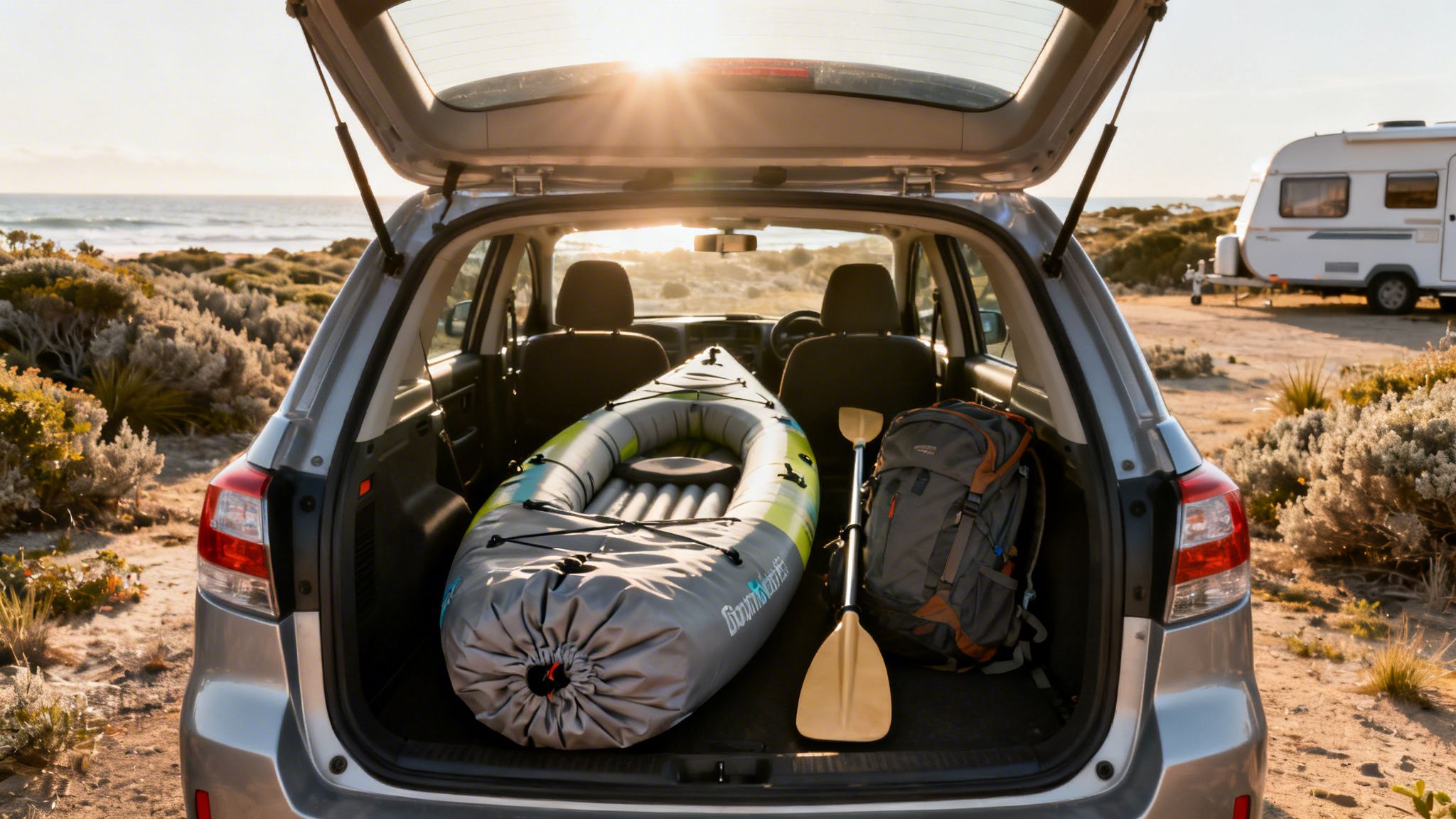 Open car trunk with inflatable kayak, paddle, and backpack parked by the beach at sunset.