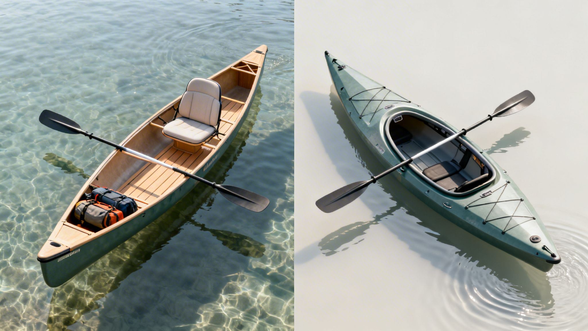 Two different watercraft, a classic wooden canoe and a modern green kayak, float on water.