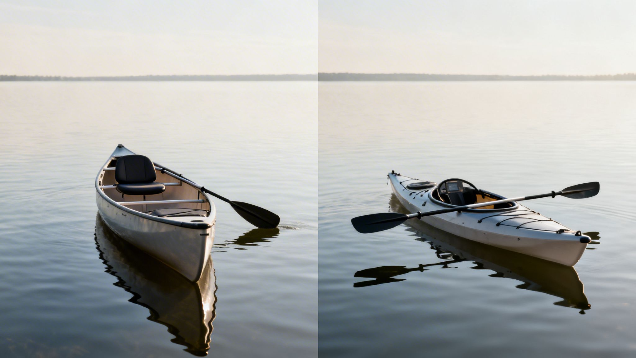 A canoe and a kayak with paddles float peacefully on calm water, reflecting the soft light.