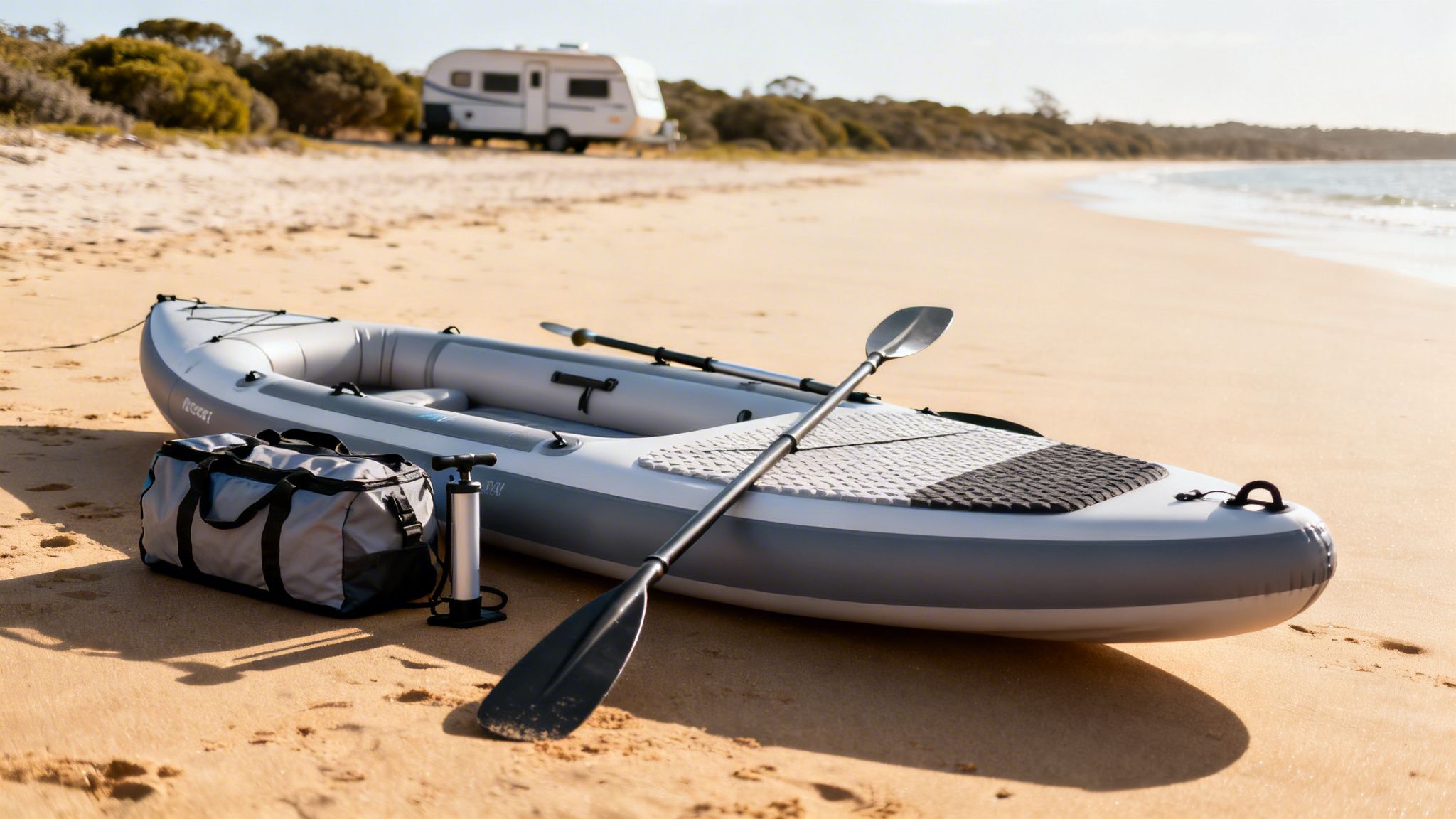 Inflatable kayak on a sandy beach with a paddle, pump, and travel bag.