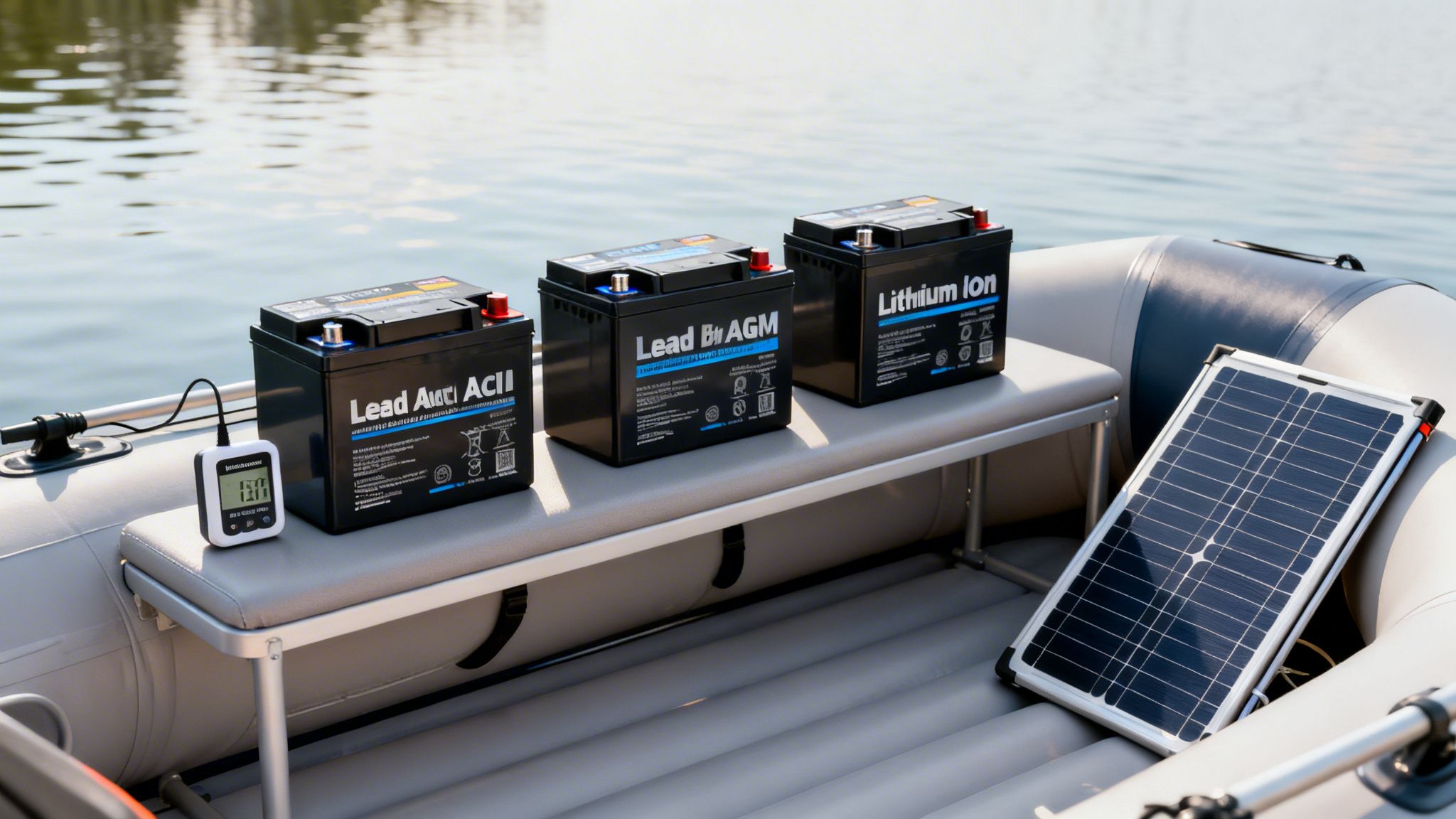 Three boat batteries (Lead Acid, AGM, Lithium Ion) with a solar panel and battery tester in an inflatable boat on water.