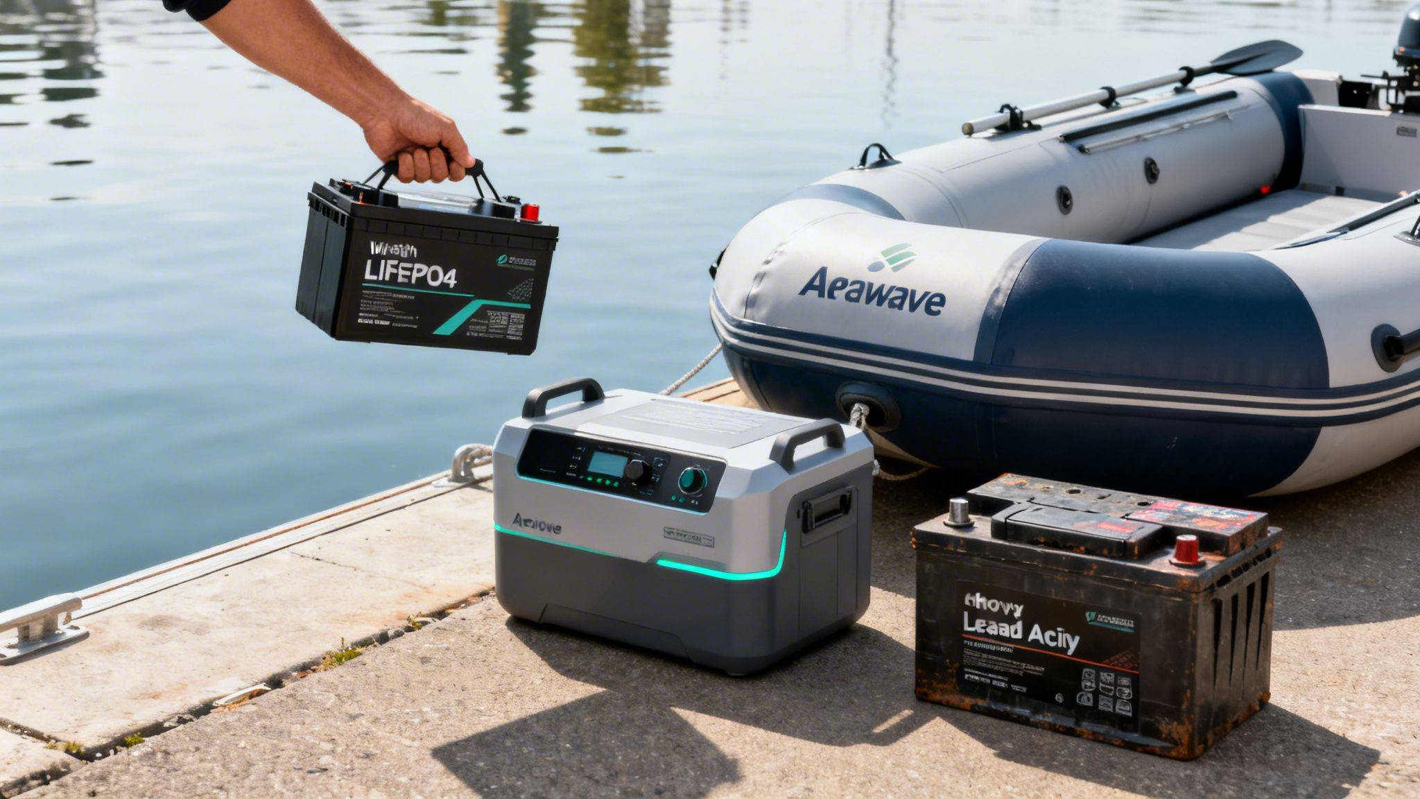 Hand holding new LiFePO4 battery, power station, old battery, and inflatable boat by dock.