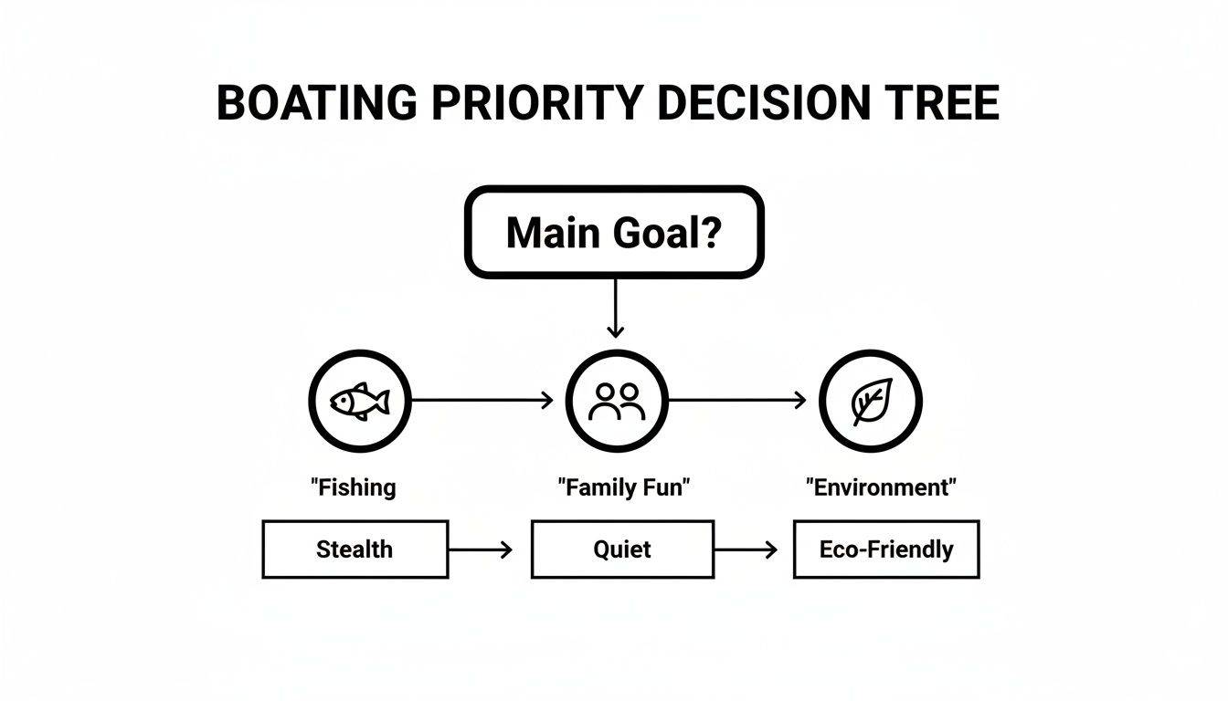 Decision tree for boating priorities: fishing (stealth), family fun (quiet), and environment (eco-friendly).