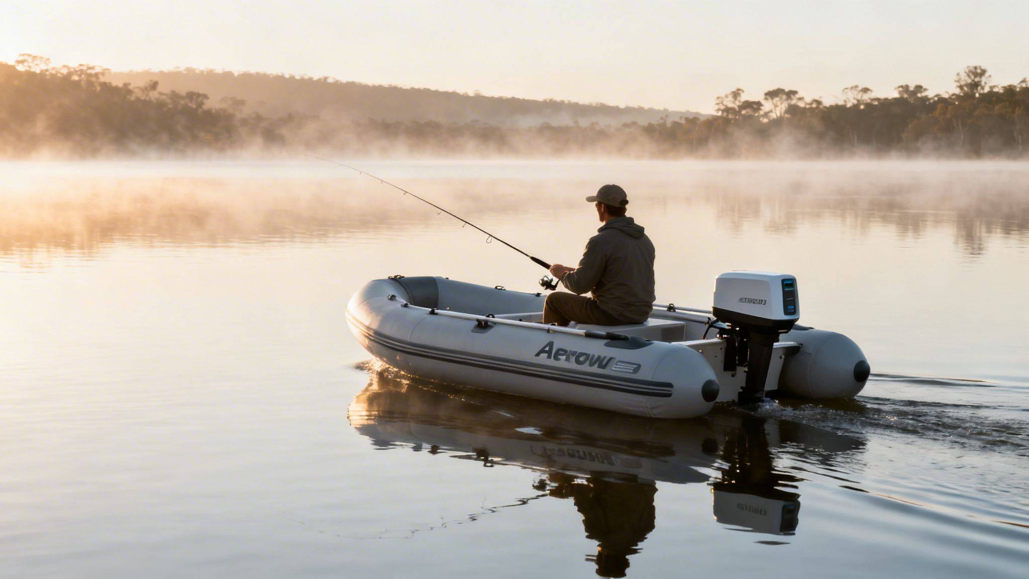 A man fishes from an inflatable boat with an electric motor on a foggy lake during sunrise.
