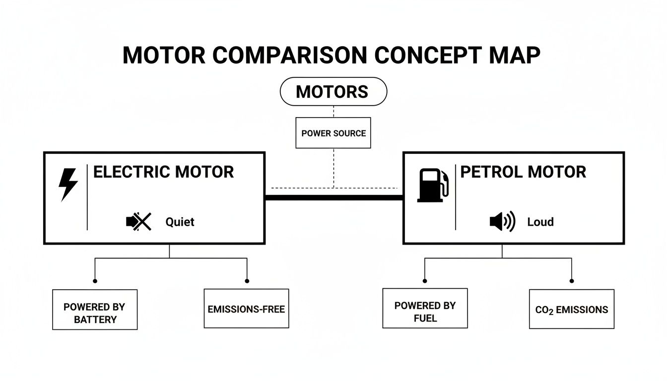 A concept map comparing electric and petrol motors, detailing power sources, sound, and emissions.