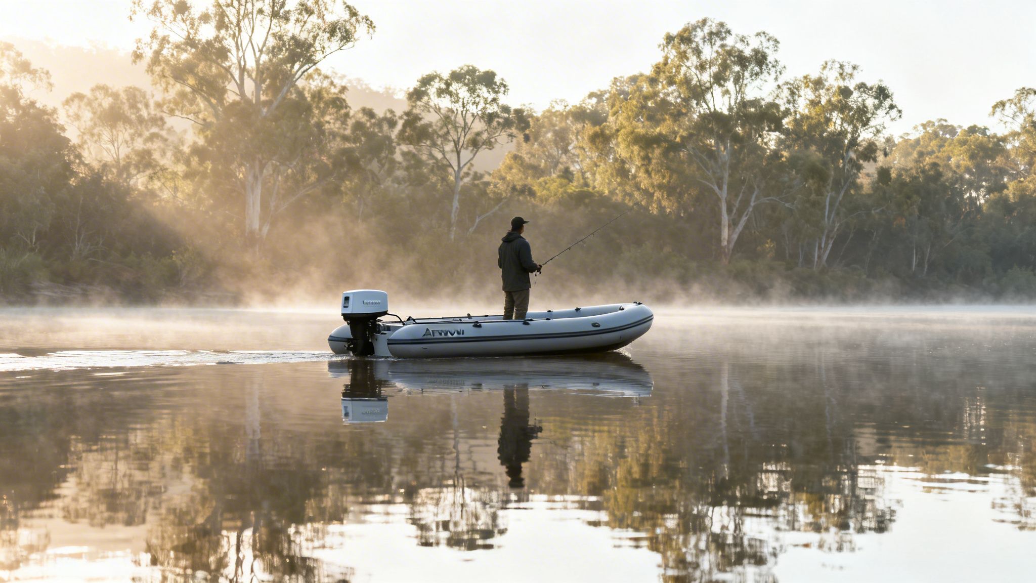 A person fishes from an inflatable boat with an electric motor on a serene, misty river.