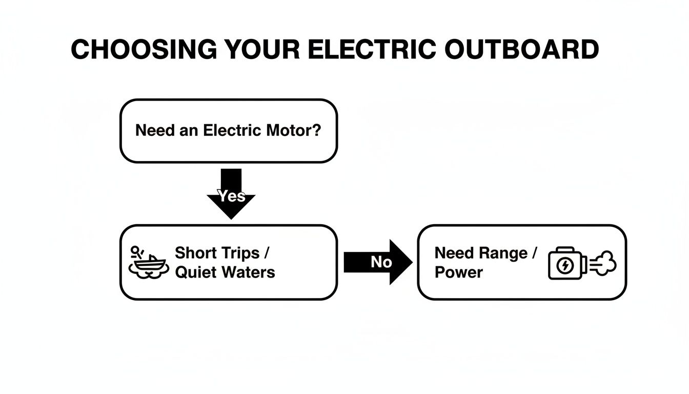 Flowchart for selecting an electric boat motor, considering short trips, quiet waters, range, and power.