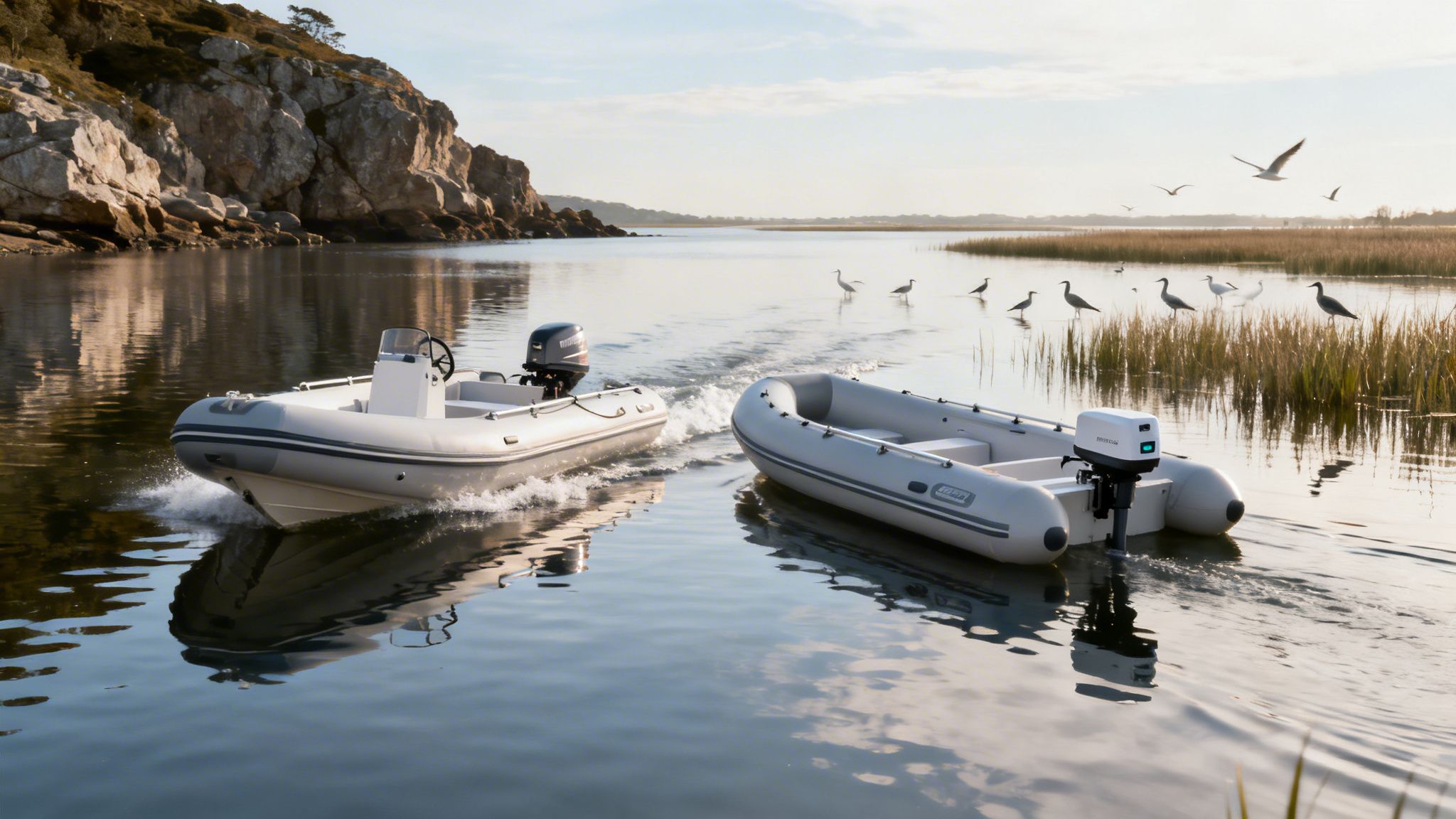 Two inflatable boats with engines on a calm river with rocky cliffs and marshland.