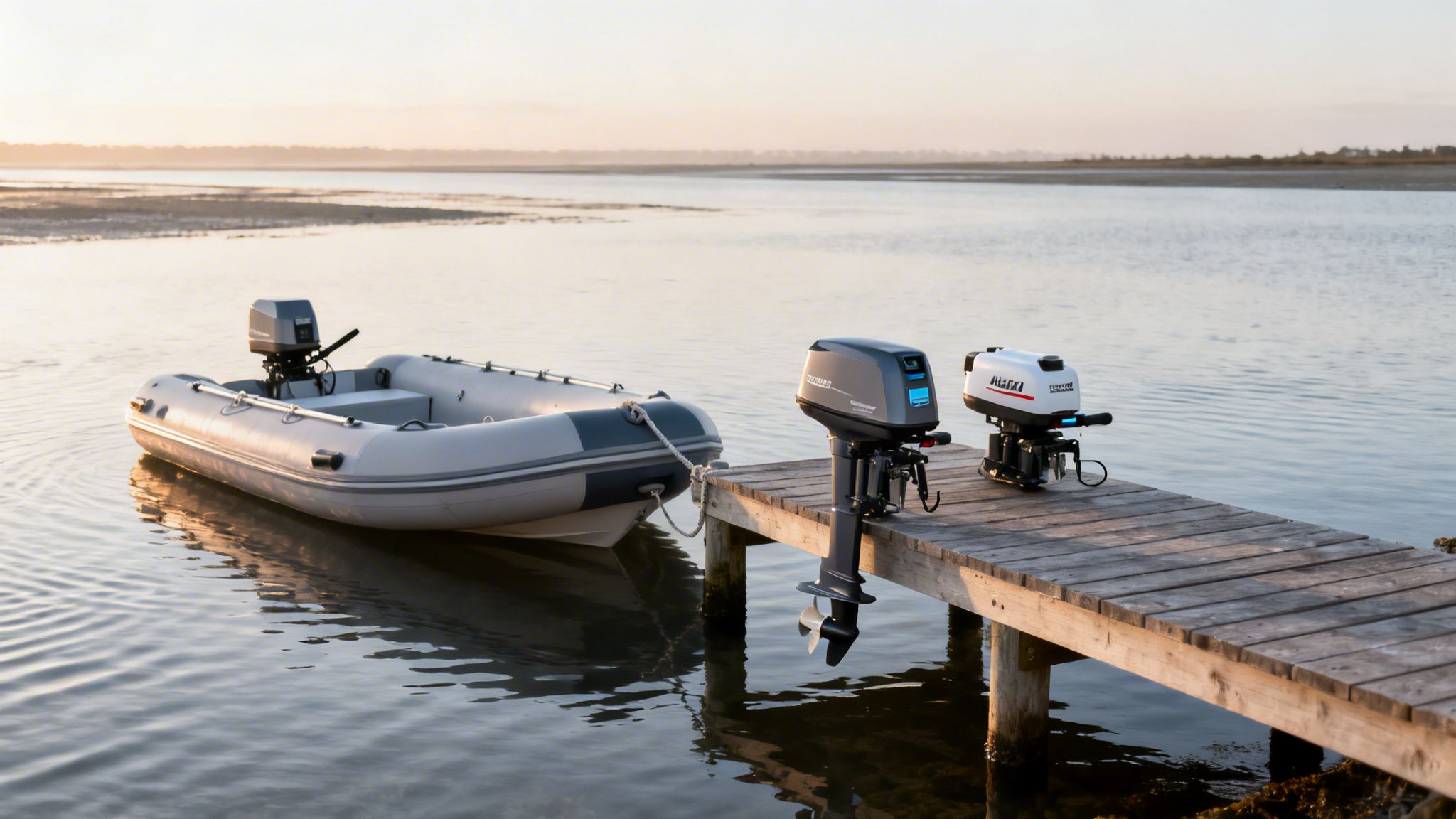 An inflatable boat tied to a wooden dock with two outboard motors at sunset.
