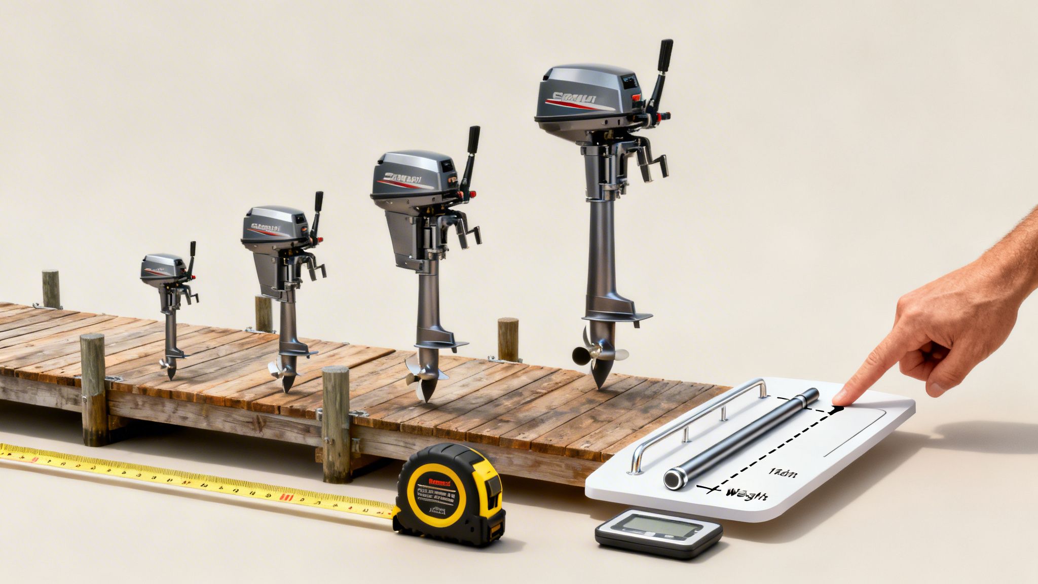 Four Savali outboard boat engines of varying sizes displayed on a dock with measuring tools.