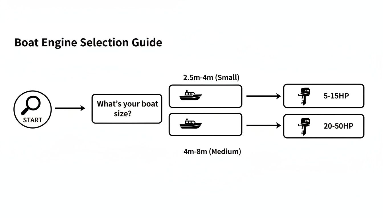 Flowchart guiding boat engine selection based on boat size: small (2.5m-4m) recommends 5-15HP, medium (4m-8m) suggests 20-50HP.
