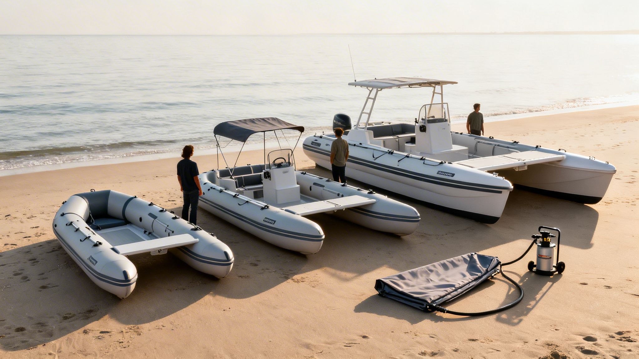 Three inflatable catamarans and men are displayed on a sandy beach near the ocean.