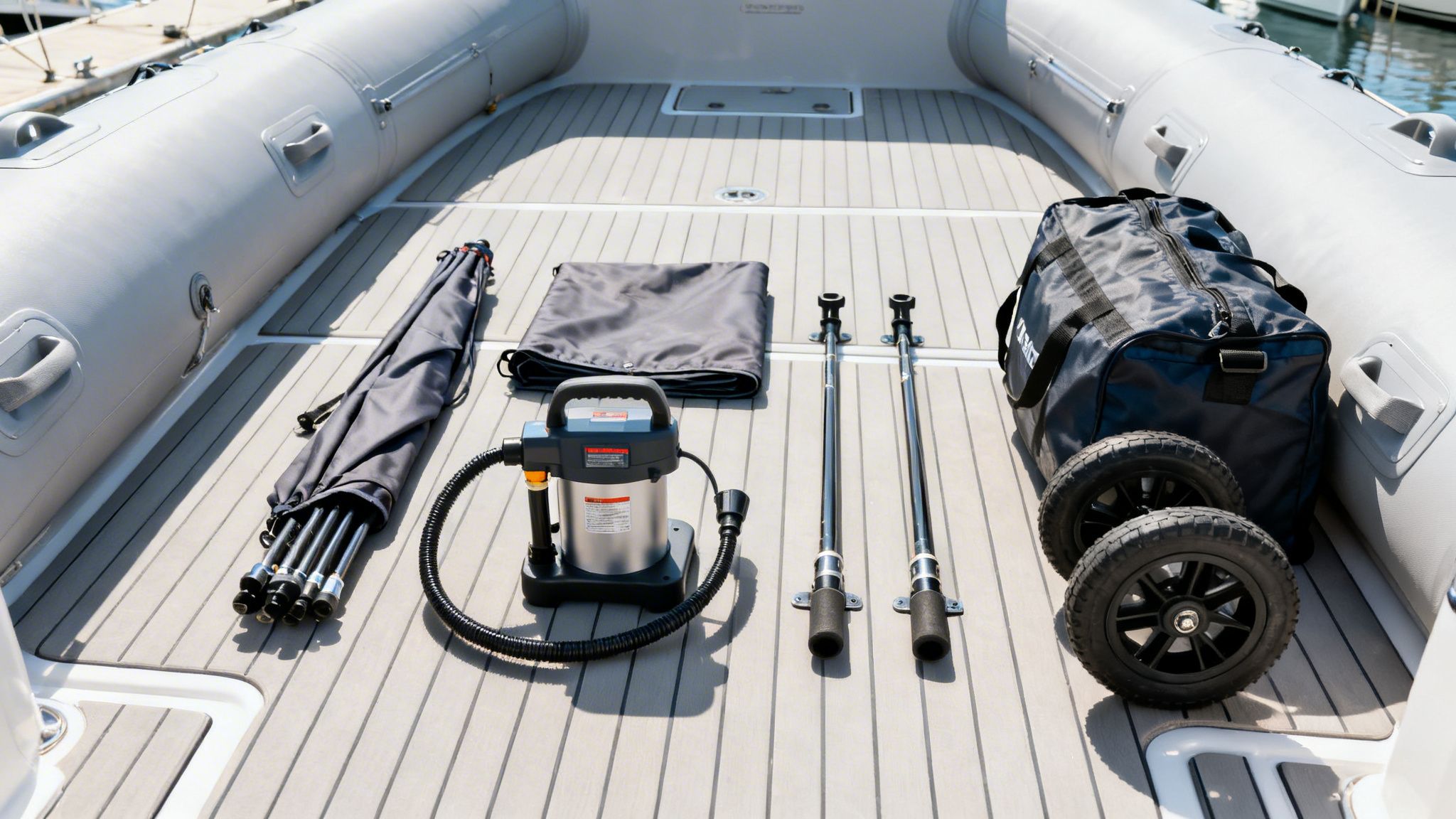 Various accessories like an air pump, poles, bags, and wheels neatly arranged on an inflatable boat's deck.
