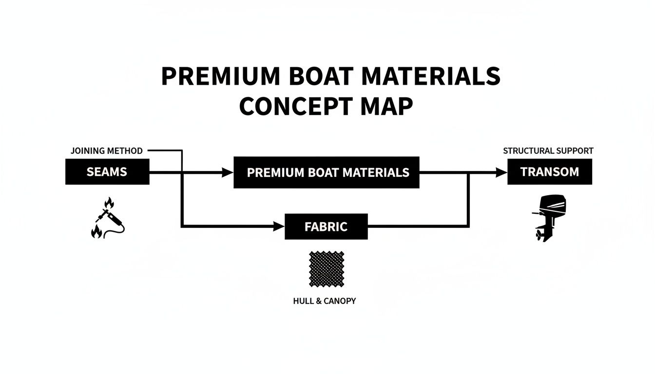 A concept map illustrates premium boat materials, showing seams, fabric for hull/canopy, and transom structural support.